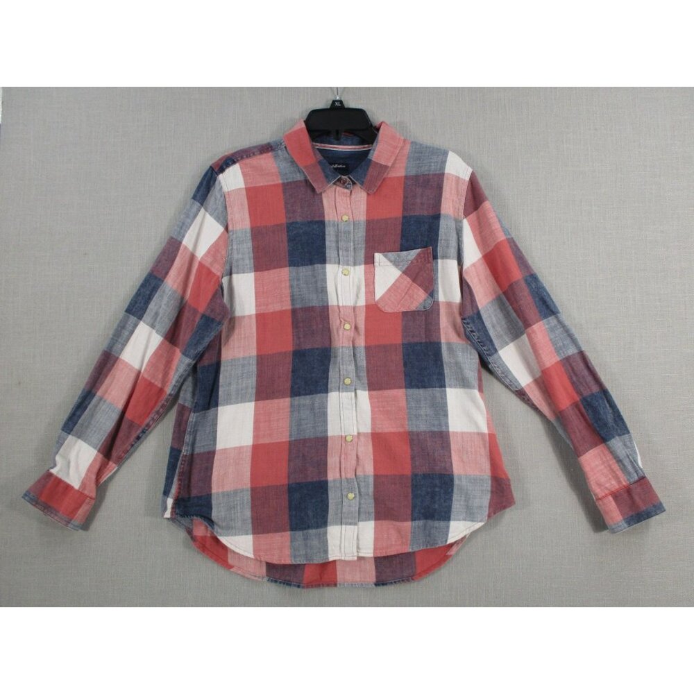 Flag & Anthem Red & Blue Plaid Long Sleeve Button-Up Shirt L 100% Cotton‎